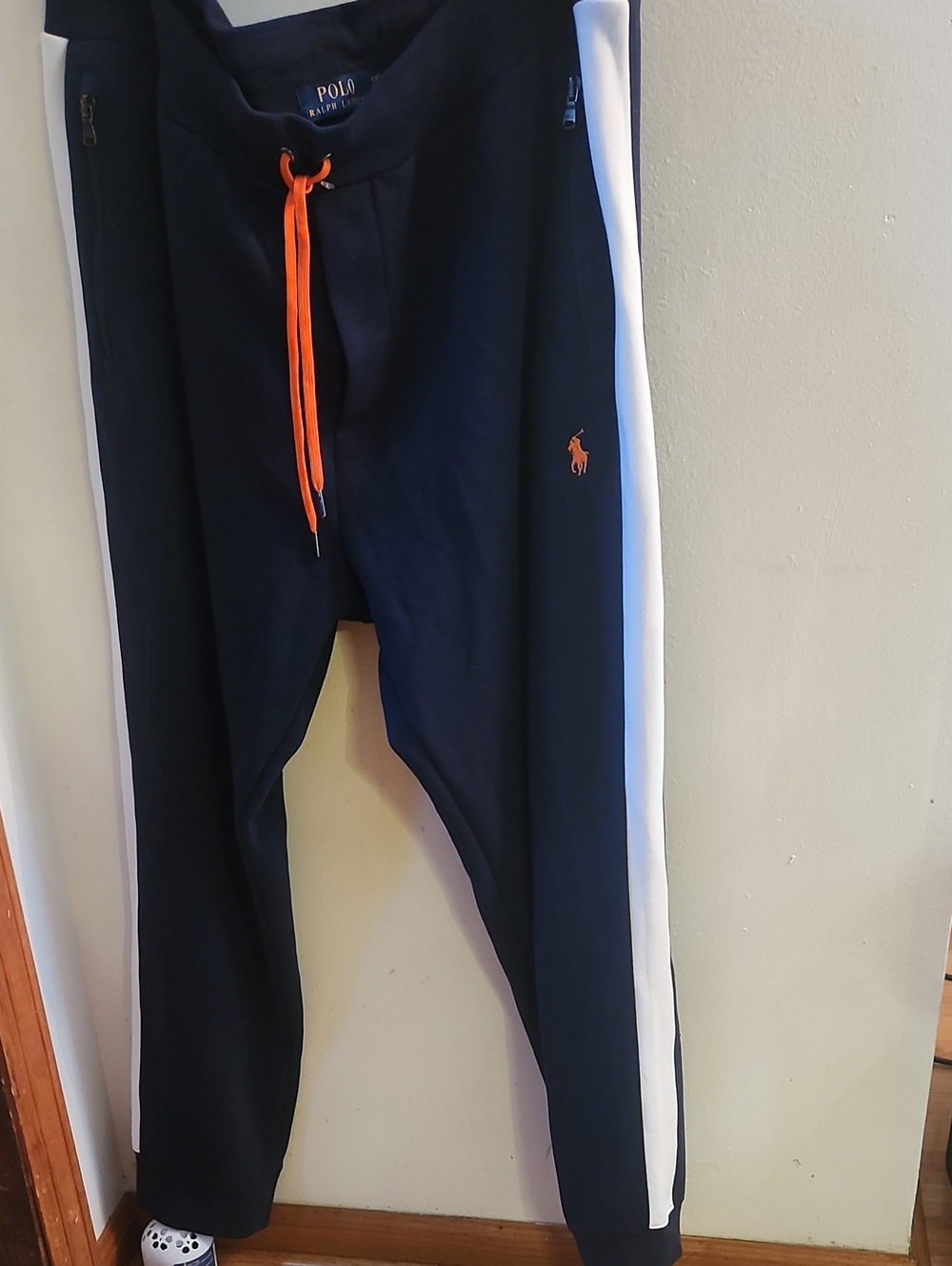Polo by Ralph Lauren Navy Joggers with White Side Stripes and Orange Drawcord